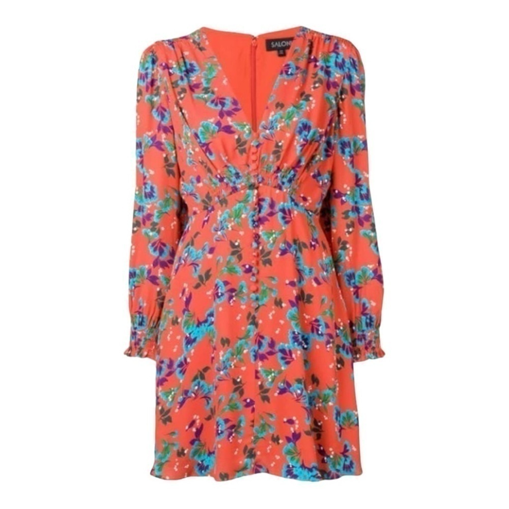 SALONI Coral Floral Mini Dress with Blue & Green Accents